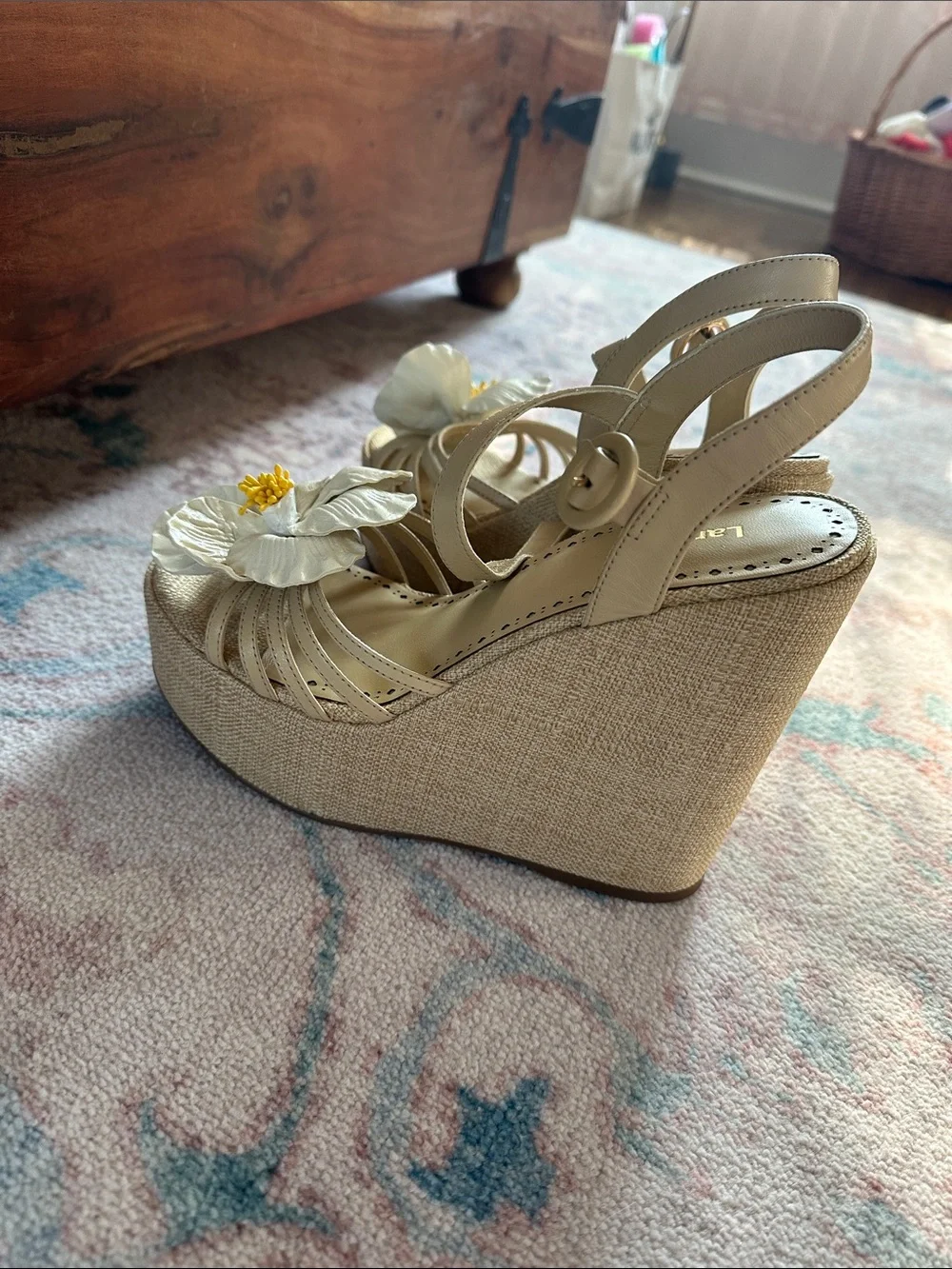Larroude Beige Floral Wedge Sandals with Platform Heel
